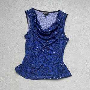 Blue Sequin Cowl Neck Tank Top Womens Size L Dress Barn Collection Animal Print